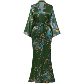 BABEYOND Women's Kimono Robe Long Satin Robes with Peacock and Blossoms Printed Kimono Nightgown, Bronze Green, One Size Plus