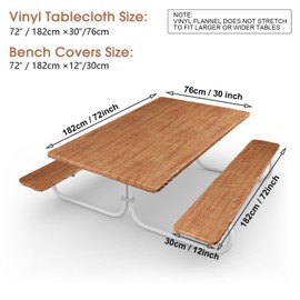 BBTO 3 Pieces Vinyl Picnic Table and Bench Fitted Tablecloth Cover 72" x 30" Waterproof Elastic Table Cover Flannel Backed Table Cloth Rectangular Fitted Cover for Table (Wood Grain Pattern)