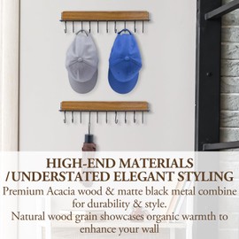 MyGift Premium Acacia Solid Wood and Matte Black Metal Wall Mounted Hat Holder Rack, Hanging Baseball Cap Organizer with Removable Hanger Hooks, Set of 2