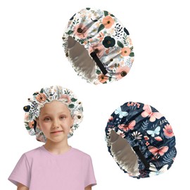 Deokke 2 PCS Kids Bonnets for Girls Boys Satin Hair Bonnet Adjustable Double Layer Silk Child Night Sleeping Cap Cute-Flower