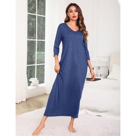 Sykooria Long Nightdresses For Women 3/4 Sleeves Cotton Nightie Ankle Length Long Nightgown V-Neck Plus Size Full Length Loungewear Nightshirt(Dark Blue,L)