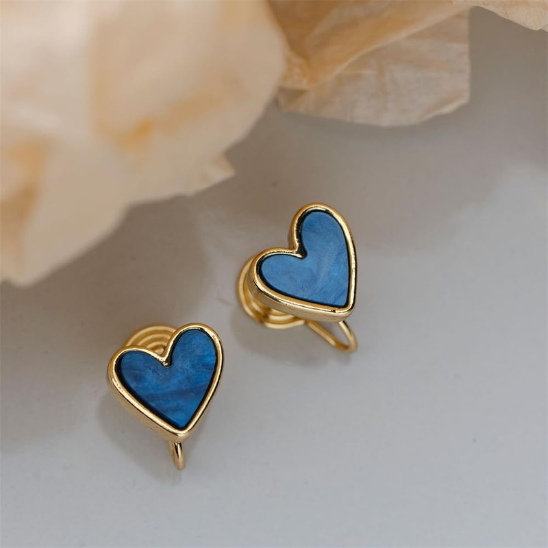 Clip on Blue Heart Small Fake Stud Earrings for Women