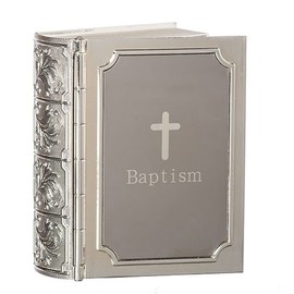 Baptism Bible Design With Cross Dark Silver Tone 3 x 3.5 Zinc Alloy Keepsake Box