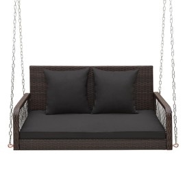 HAPPYGRILL Porch Swing Outdoor 2-Person Hanging Bench Chair with Seat & Back Cushions, Heavy-Duty Metal Structure & 2 Hanging Chains, Wicker Rattan Woven Loveseat Swing for Front Porch Backyard Garden