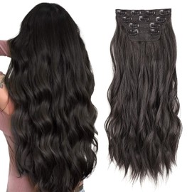 Xtrend 20 Inch Black Brown Wavy Hair Extensions 11 Clips in Hair Extensions Synthetic Hair Pieces for Women Girls 4 Pieces Full Head Set Thick Curly Wavy Synthetic Hair Extensions 2#