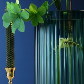 Dinyeo Large Cylinder Ribbed Green Glass Flower Vase for Farmhouse Dining Table Centerpieces Decor