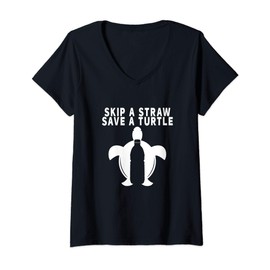 Womens Skip a Straw Save a Turtle V-Neck T-Shirt