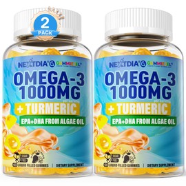 Vegan Omega-3 Gummies 1000mg + Turmeric - Omega 3 Fish Oil Alternative for Adults - Algae DHA 600mg & EPA 300mg, Vitamins A, C, E, Zinc & MSM, Sugar Free, 120 Cts