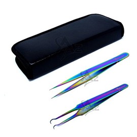 SET OF 2 Stainless Steel Multi Titanium Rainbow Color Jeweler Style Tweezers #3 & Round Angled Tip Fine Point (A2Z)