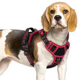 Eagloo Dog Harness Small Sized, Easy Wearing with 3 Buckles, Adjustable No Pull Pet Harness with 2 Rings for Walking, No Chock Reflective Soft Padded Vest with Control Handle, Black & Red, S