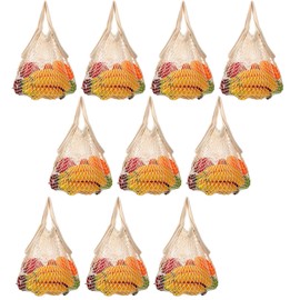 Lemecima 10 Pieces Reusable Mesh Grocery Bags Portable Cotton Produce Containers Washable Net Mesh Reusable Tote Bag with Handle String Shopping Organizer for Fruit Vegetable Shopping Storage Market