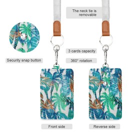 Turquoise Orange Blue Tropical Summer Palm Tree Leaves on White Badge Holder with Lanyard, ID Cover PU Leather 3 Cards Slots, Neck Wallet Case Security Snap Button for Worker Student Office School