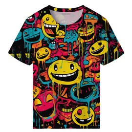 Girren Funny Graffiti Graphic T-Shirts for Men 3D Print Smile Face Tshirt Hip-Hop Tee Top,Black1,XL