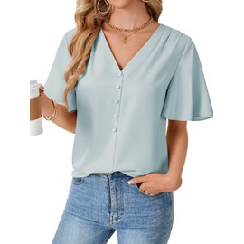 Vrtige Women's Satin Silk V Neck Ruffle Sleeve Shirts Business Casual Top Work Blouse Light Blue Small