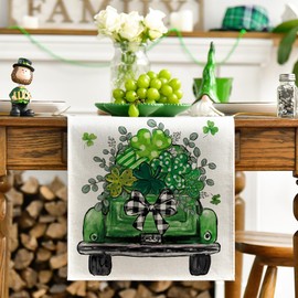 Artoid Mode Truck Shamrock Eucalyptus St. Patrick's Day Table Runner, Seasonal Spring Kitchen Dining Table Decoration for Home Party Decor 13x108 Inch