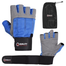 QTF Gym Gloves for Men & Women Long Strap Weight Lifting Breathable Half Finger Gloves for Wrist Support Exercise,Weights Training,Gym Workout Gloves (Aqua-Grey, Small)