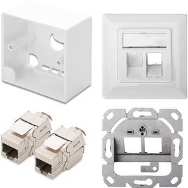 2x Assmann DN-93615 Digitus Professional Cat 6A Keystone Module, Shielded, Tool-Free Mounting Connection + Matching Empty Box + Surface-Mounted Housing White
