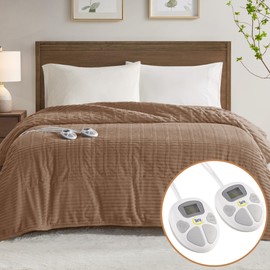 Serta Electric Blanket, Soft, Ribbed, Plush Heating Blanket Queen for Office, Couch, 1-12 hr Auto Shut Off Timer, 10 Lv Heating, ETL Certified, Queen 84"x90" Chestnut Brown