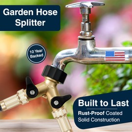 DBR Tech® Heavy Duty 2 Way Hose Splitter (Premium Brass for Superior Durability), Wye Garden Hoses Connector for Water Spigot Faucet Bib Tap, Double Shut Off Valve, Y Adapter, Rust-Resistant Finish