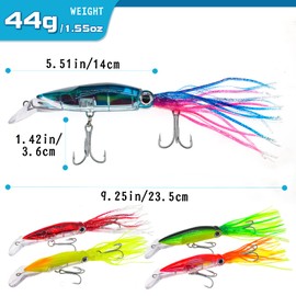Gefischtter 5 Pack Squid Swimbait Fishing Lures Skirt Tail Octopus Jig Head Bait with 2 Treble Hooks Kit for Saltwater and Freshwater (5.51in/1.41oz)