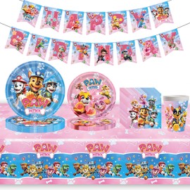 Wirhaut Pack of 52 Party Tableware Children's Birthday Party with Paw Paper Plates Children's Birthday Dog Birthday Decoration Party Supplies for 10 Children Party Tableware Birthday