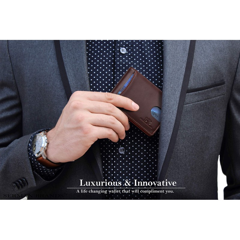 SERMAN BRANDS RFID Blocking Slim Bifold Genuine Leather Minimalist Front