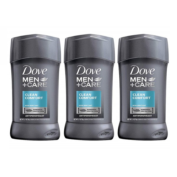 Dove Men + Care Antiperspirant - Clean Comfort - Non-Irritant - Net Wt. 2.7 OZ (76 g) Per Stick - Pack of 3 Sticks
