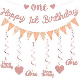 Happy 1st Birthday Banner Decorations - Rose Gold First Birthday Banner Bunting Set for Girl, Glitter Heart Letter Swirl Hanging for Boby One Birthday Party Supplies
