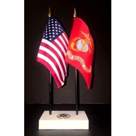 1 American and 1 United States Marine Corps Rayon 4x6 Inch Office Desk & Little Table Flag Executive Set, Includes a 2-hole White ArcticSno Flag Base with a USA Great Seal and 2 Flags, Made in USA