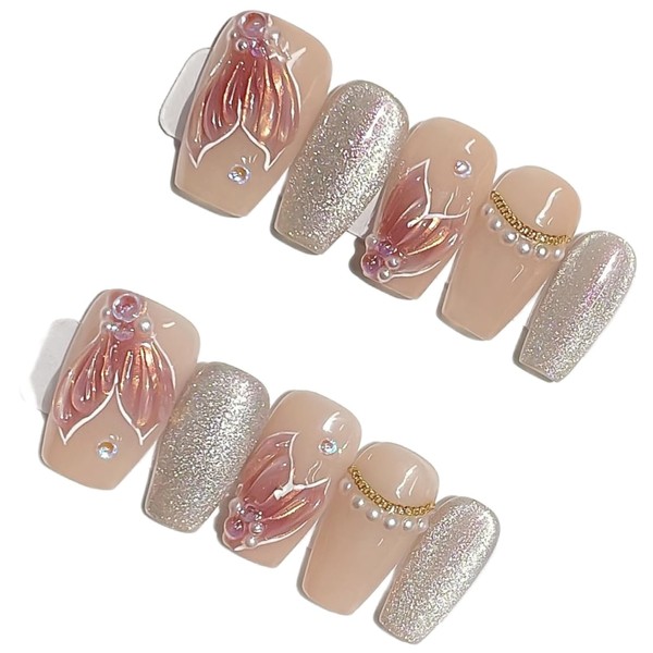 JINGHONG handmade nails,press on nails, pink mermaid,matte,short coffin, Includes 10