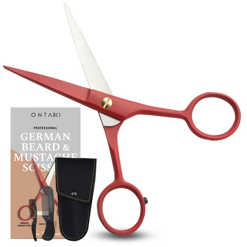 Ontaki Beard Scissors & Mustache Scissors - 5-Inch, True Red
