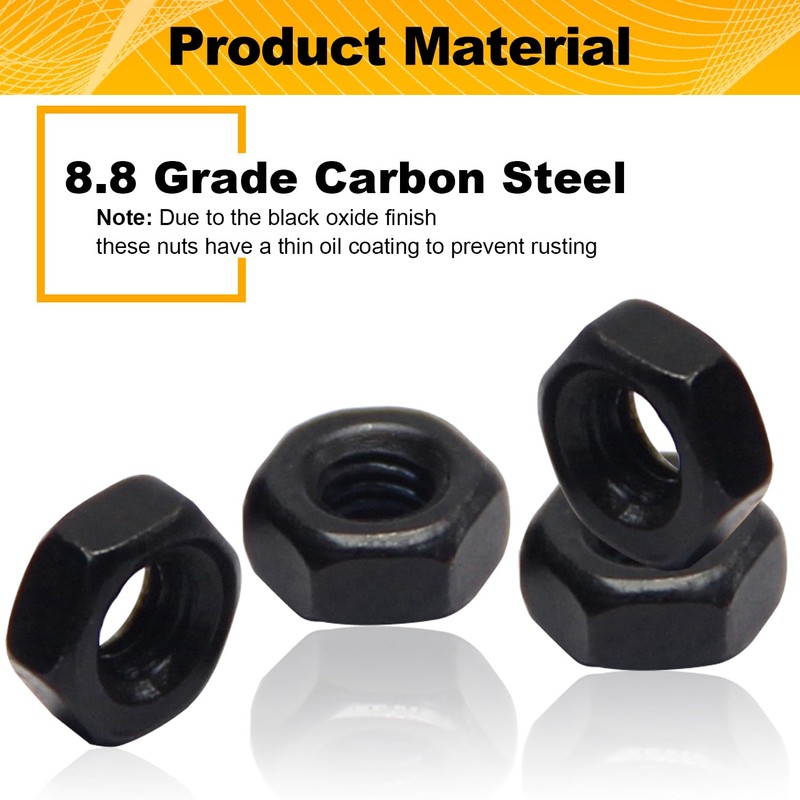 100pcs M5-0.8 Hex Nuts, Carbon Steel, Black Oxide, M5 x
