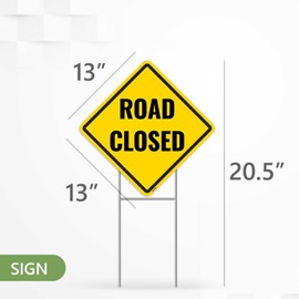 2PC Road Closed Sign with Stakes, 13 Inches by 13 Inches - Corrugated Plastic - Utility Road Work Ahead Sign with Stand