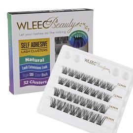 Wleec Beauty Self Adhesive Lash Clusters Wispy - Easy DIY Lash Extensions, No Glue Needed, 32PCS Pre-Glued D Curl Lash Clusters, Stick on Eyelash Clusters (S05, Mix 12-14-16mm)