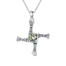 LEECCI St Brigid’s Cross Necklace 925 Sterling Silver Brigid Cross Moss Agate Pendant Christian Protection Irish Jewelry Gifts for Men Women