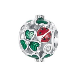 Qings Four Leaf Clover Charm Pendant for Bracelet Sterling Silver 925 Green Happy Ladybird Charms Beads with Cubic Zirconia for Necklace Birthday Gifts for Women Mother, Sterling Silver, Cubic