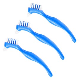 UPIQNG 3Pcs Denture Toothbrush Double Heads Denture Brush Portable Denture Cleaning Tool Oral Care Set False Teeth Denture Cleaner Anti-Slip Handle Hygiene Denture Brush,Blue