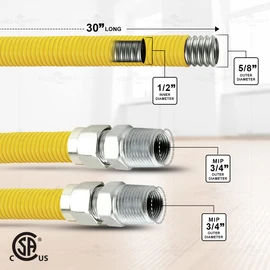 Flextron FTGC-YC12-30N 30 Inch Flexible Epoxy Coated Gas Line Connector with 5/8 Inch Outer Diameter & 3/4 Inch MIP x 3/4 Inch MIP Fittings, Yellow/Stainless Steel, Excellent Corrosion Resistance