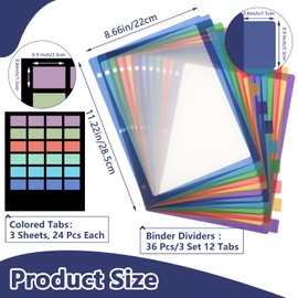 36 Pcs/3 Set 12 Tabs Binder Dividers with Colored Tabs, Clear Tab Notebook Divider Page Binder File Dividers, Letter Size