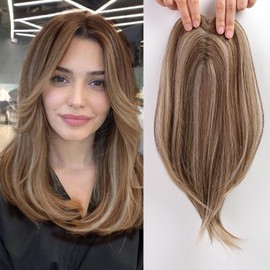 starluck 18 Inch Sandy Brown & Ash Blonde Mixed Hair Toppers for Women Synthetic Hair Toppers Hair Pieces Swiss Base with 3 Clips in Wiglets Toppers for Women with Thinning Hair Grey Hair Hair Loss