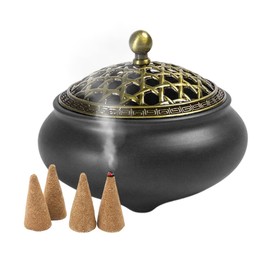 Vintage Ceramic Incense Burner, Metal Lid and Fireproof Incense Stick Holder, Round Chinese Porcelain Incense Bowl for Bedroom, Living Room, Office, Yoga and Meditation