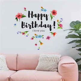 WOHAHA Birthday Wall Sticker, Happy Birthday, English, Flowers, Plants, Wall Decoration, I love you, Wall Sticker, Removable Wallpaper, Stylish, Girls, Children, Living Room, Rental, Bedroom,