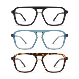 AMOMOMA 3 Pack Trendy Aviator Reading Glasses for Women Men Stylish Square Blue Light Blocking Readers AM6164 Mix (+2.00 Magnification Strength)