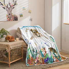 Uokiuki Funny Diving English Bulldog Throw Blankets, Coral Reef Fish Turtle Octopus Starfish Cozy Warm Bed Couch Blanket, Cute Pet Animal White Fleece Flannel Throws to Decorate The Room and Bedroom