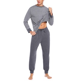 Sykooria Long Men's Pyjamas with Cotton Cuffs, 2-Piece Pyjamas with Long-Sleeved Top and Bottoms - xxl