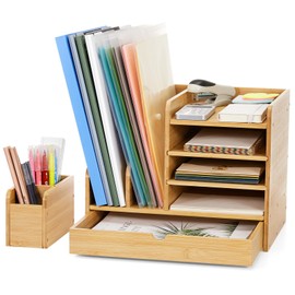 Cozivolife Bamboo Desk Organizer with File Holders, Wooden Table Files Storage with Adjustable Pen Holder and Drawer, Desktop Letter Paper Tray Rack for Office Home School (Bamboo)