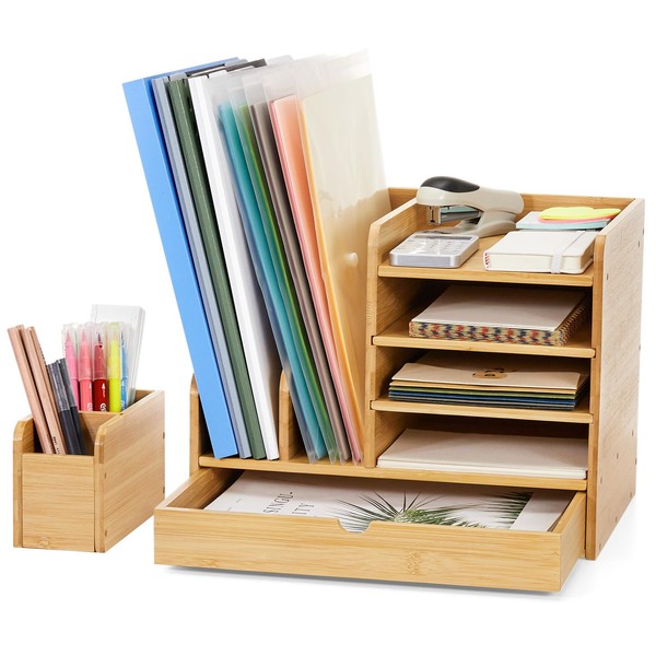 Cozivolife Bamboo Desk Organizer with File Holders, Wooden Table Files