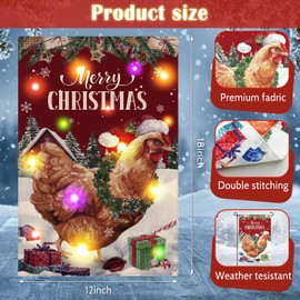 Shellwei Christmas Lighted Chicken Garden Flags for Outside Winter LED Garden Chicken Flag Yard Flag 12 x 18 Solar Double Sided Vertical Farmhouse Yard Flag for Outdoor Yard Porch Lawn Decoration