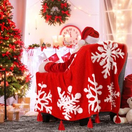 FuWeave Christmas Throw Blanket Red Snowflake Couch Blanket 50"x60" Christmas Fleece Blanket Fuzzy Fluffy Soft Blanket Winter Plush Warm Bed Blanket with Tassels Christmas Decor for Couch Bed Sofa