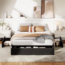 Queen Size Bed Frame w/ 3 Storage Drawers ,Fabric Upholstered Platform Bed Frame